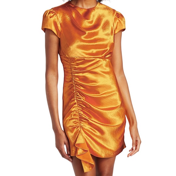 🌸NWT cinq á sept natalia ruched short sleeve satin mini dress in citrine
